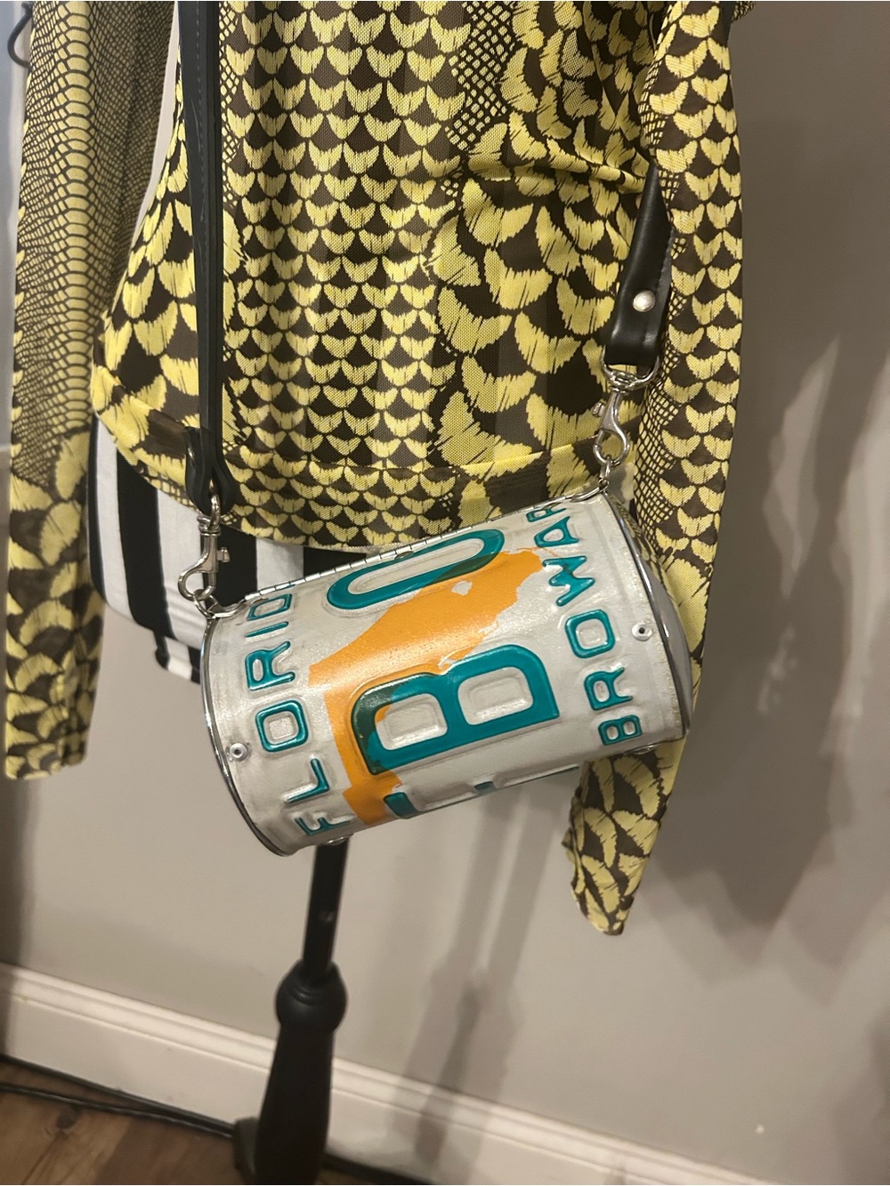 Novelty Florida License Plate Crossbody Bag in Silver with Teal & Orange Accents